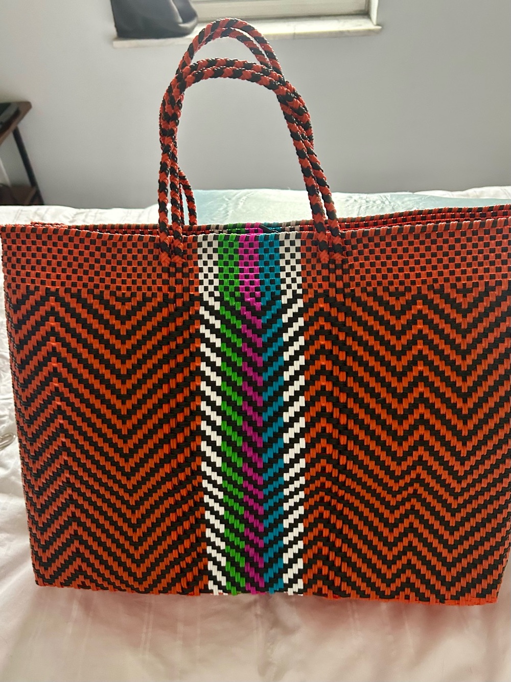 Handwoven Orange/Red/Black Tote Bag with Colorful Stripe